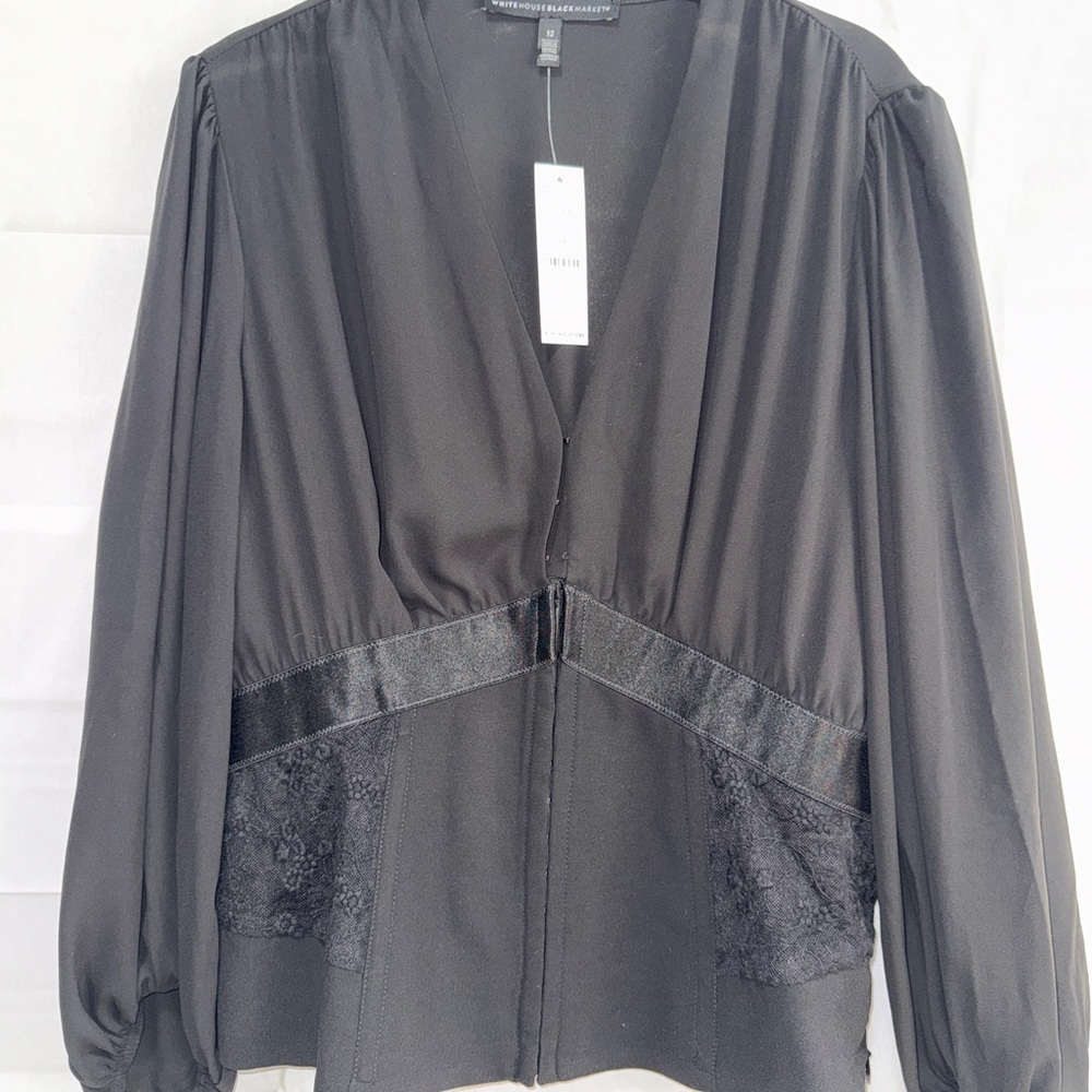 NWT White House Black Market Black Satin Lace Peplum Blouse Top Size 12